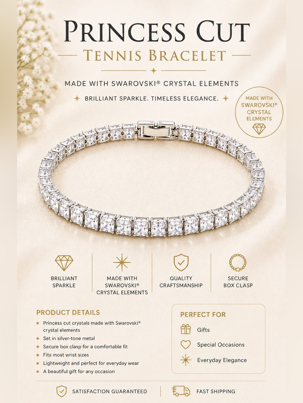 Swarovski Crystal Princess Cut Tennis Bracelet - Picture 1 of 2